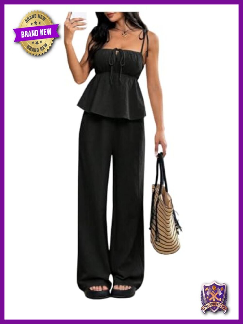 Women 2 Piece Bow Tie Babydoll Cami and Pants Set Loose Fit Summer Travel